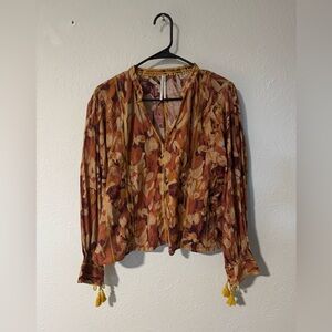 Anthropologie Tassel Stitched Fall Blouse Size L